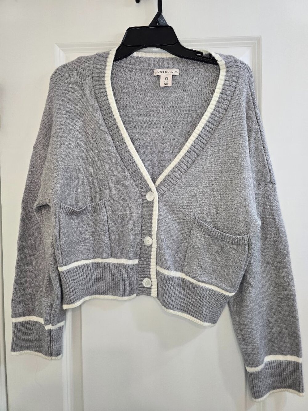 Sincerely Jules Cropped Varsity Cardigan -  Light Gray & White - Picture 2 of 6